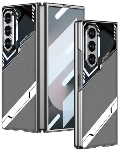 LUOTILAG Ständer Hülle Für Samsung Galaxy Z Fold 6, mit Displayschutzfolie Handyhülle Rundumschutz Überzug Ultra -Dünne Lederhülle,Grau