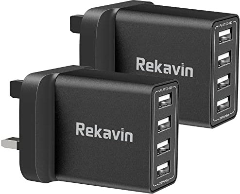 Multi USB Plug UK Charger,2 Pack 4 Port Multiple USB Plug Adaptor UK 25W/5V Multiport Wall Charger Mains with Smart IC Charging for iPhone 15 14 13 12 11 Pro Max XS XR X 10 8 7 6 iPad,Samsung S10 S9