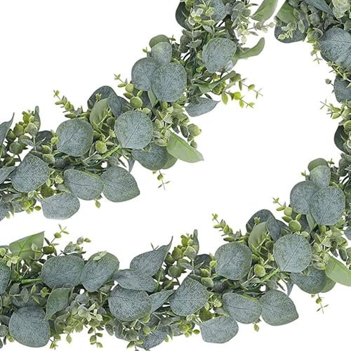 2 Stück Künstliche Girlanden Eukalyptus Girlande Eukalyptus mit Weidenblättern Girlande Pflanze 1,8m Hängepflanzen mit Weiße Blumen Silberdollar Eukalyptusranke für Hintergrund Hochzeit Dekoration