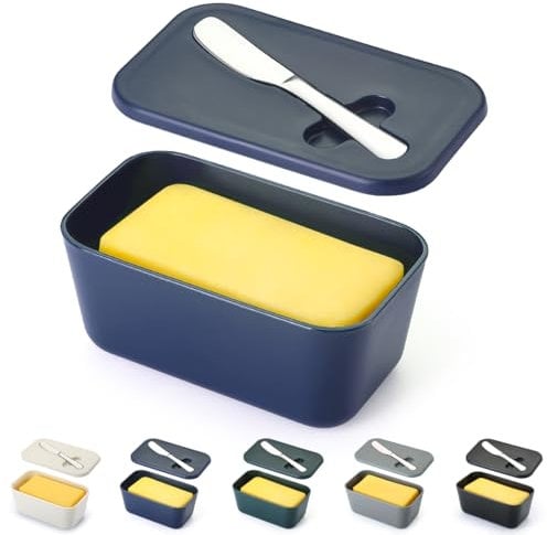 ReaNea Beurrier avec couvercle pour étagère de comptoir et de porte de réfrigérateur, porte-beurre en plastique, récipient à plateau avec couteau à beurre, lavable au lave-vaisselle