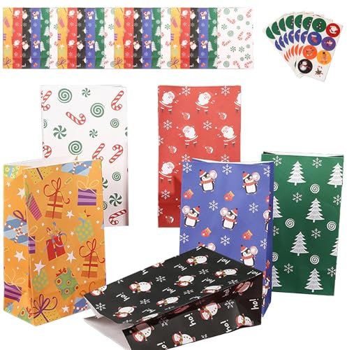 MORAINJAY 24Stk Geschenktüten Weihnachten, Klein Weihnachtstüten für Adventskalender zum Befüllen, Weihnachtstüten Papiertüten Xmas mit 24 Aufkleber, Kraft Papier Geschenk Tüten für Giftbags A