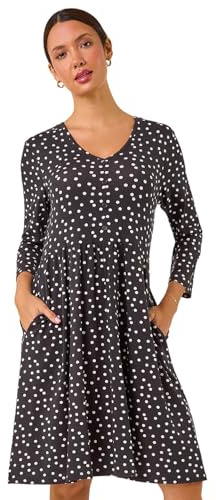 Roman Originals Stretchy Dress for Women UK Ladies Pockets Gathered Waist Ruched Chest Midi Holiday Spring Summer V Neckline Evening Vacation Work Party Going Out Soft - Black White - Size 10