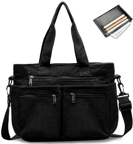 Tokeya Sac à Main en Velours Côtelé Femme, Sac à Bandoulière avec Poches Multiples, Grande Capacité Cabas Tendance Fourre Tout pour Travail Bureau Voyage Shopping, Noir