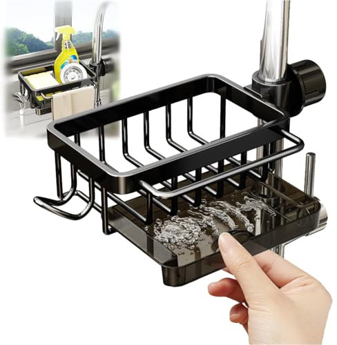 GCFTIFF Wasserhahn Lagerregal, Spülbecken Organizer Schwammhalter Küche, Edelstahl Seife Spülbecken Organizer, Schwammhalter mit Abnehmbarer Abtropfschale,Wasserhahn Lagerregal Metall (schwarz, links)
