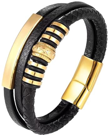 QKEOISUD Lederen Armband [Spirit] voor Mannen, Leather Bracelet for Man Alloy Triple Black Braid Rope Gold Clasp Adjustable Punk Multilayer Jewelry Wristband Bracelets Accessories Presents