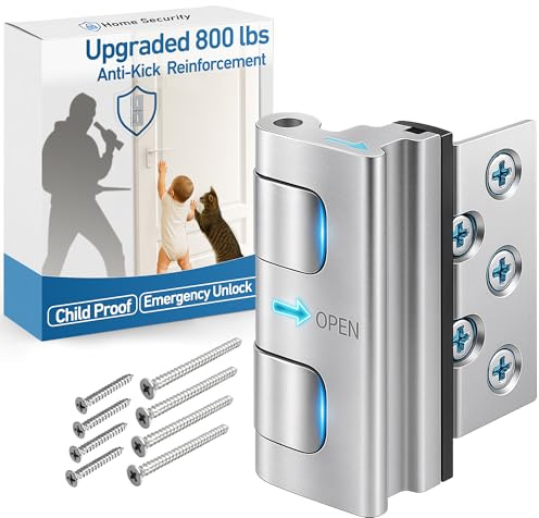 Door Reinforcement Lock, 800 lbs Anti-Kick Child-Proof Security for Inward-Swing Doors – Home & Renter Friendly, Quick DIY Install (8 Screws Included, 1 Pack) for Apartments and Houses