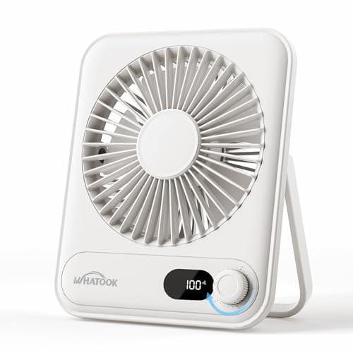 WHATOOK USB-Tischventilator Leise: Stufenlos 1-100 Regler, 5000mAh Akku Wiederaufladbarer Ventilator mit Schnellladung & LED-Anzeige, Tragbarer Kompaktlüfter für Büro Zuhause Camping Reise (Weiß)