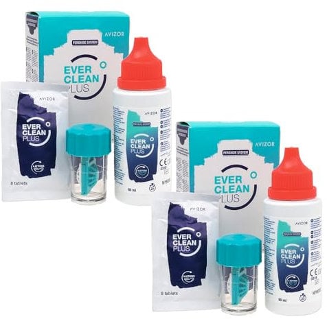 Avízor Ever Clean Plus - Travel Kit - Contact Lens Cleaning and Disinfection Solution - Deep Removal of Lipid Deposits - Ideal for Travel - 2x60ml + 16 Tablets
