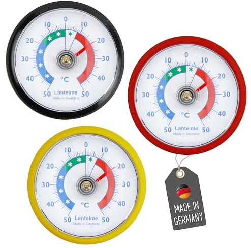 Lantelme 3 Stück Kühlschrankthermometer selbstklebend Temperaturanzeige + - 50°C | Farbe Schwarz Rot Gelb | Analog Bimetall Thermometer Set für Gefrierschrank Kühlschrank Kühltheke zum ankleben (BRD)