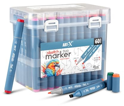 Rich ART-X Sketch Marker Set – 60 Farben Alkoholbasierte Marker, Dual Tip Stifte für Künstler, Illustration & Design, Doppelseitig 18050