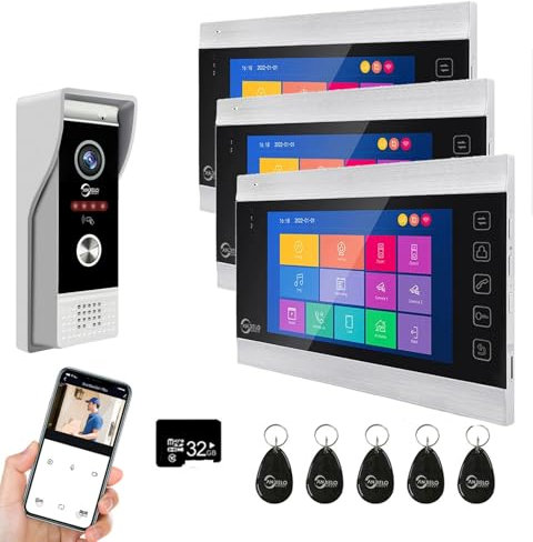 Sistema de intercomunicación de Video, cámara de Video WiFi con Monitor de 7 Pulgadas, Timbre con Cable 1080P, soporta Entrada de Tarjeta Deslizante… (3 Monitor)