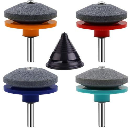 Epunk 4 Pack Colorful Lawn Mower Sharpener Stones with Blade Balancer - Universal Drill Attachment for Power & Hand Drills - Professional Rotary Blade Sharpening Kit for Garden Tools