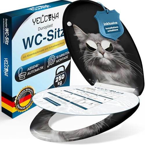 YELCONA WC Sitz Mit Absenkautomatik -Antibakteriell, Toilettendeckel Mit Absenkautomatik UV-Beständig, Klodeckel Mit Absenkautomatik - Quick-Release Funktion, Inkl. Installationsschablone (Cool Cat)