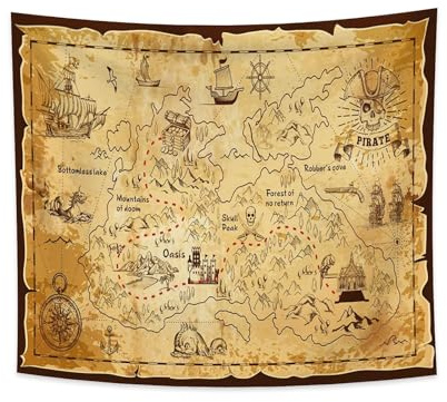 YONGFOTO 220x190cm Schatzkarte Wandteppich Piratenkarten Piratenflagge Westliche Schatzinsel Route Navigation Alte Weltkarte Poster Groß Wandbehang Tapisserie für Wohnheimdeko Sofa Bettüberwurf