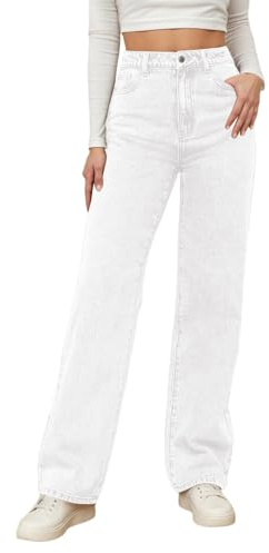 Jean taille haute pour femme, délavé et coupe droite, pour un confort et un style décontractés, Blanc., L