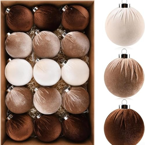 CYRENT Weihnachtsbaumschmuck, brauner Samt, bruchsichere Kugeln mit Schleifenaufhänger, plissiert, 15 Stück, neutrale beige, Dekorationen für Weihnachten, Kamin, Kranz, 8,9 cm (braun)