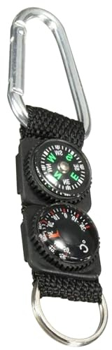 Kompass-Schlüsselanhänger mit Karabiner und Thermometer, wasserdichter hängender Mini-Wanderkompass, multifunktionales Überlebenswerkzeug für Outdoor-Sportarten, Schwarz – Wandern