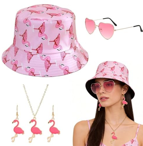 RAOPNHS Flamingo Fischerhut Damen Set 4-teilig, Mallorca Party Outfit Malle Accessoires mit Sonnenbrille Kette Ohrringe, Lustiger Festival Hut Rosa Sommer Urlaub