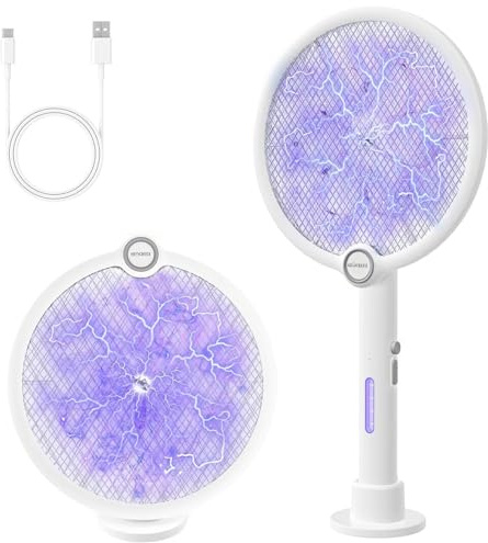 Glückluz Raqueta Matamoscas Mosquitos Eléctrico para Insectos 1 Pack Blanco | Doble función raqueta & luz UV｜ Triple malla segura｜ USB recargable｜plegable compacto｜uso interior exterior versátil