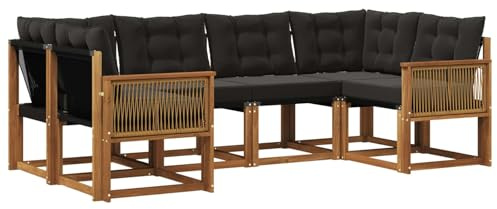 vidaXL Outdoor-Sofagarnitur mit Kissen 6 pcs Natürlich und Schwarz, Sofaset für den Garten, Moderne Kollektion, wetterfest, Bequeme Akazienholz-Sitze, entspannendes Arrangement