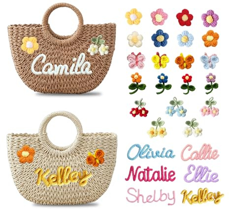 Bolso de playa personalizado de paja con nombre y flor, bolso de verano tejido a mano para mujeres y niñas, regalo de dama de honor para viajes y bodas