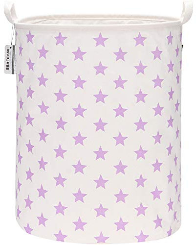 Sea Team 19.7 Inch Large Sized Waterproof Coating Ramie Cotton Fabric Folding Laundry Hamper Bucket Cylindric Burlap Canvas Storage Basket with Stylish Purple Star Design