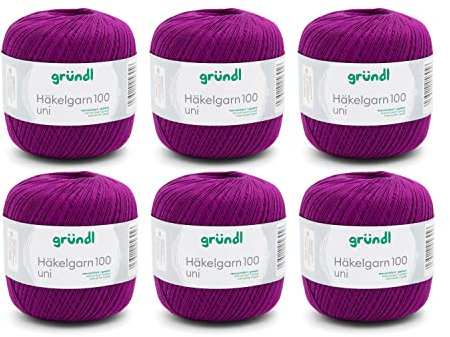 Gründl Wolle Häkelngarn 100 - dünne sommerliche Wolle zum Häkeln - Glänzend und waschbar - Baumwollgarn - 100 % Baumwolle - 6 Knäuel 100 g / 566 m - Nadelstärke 1,5 - 2 - purpur