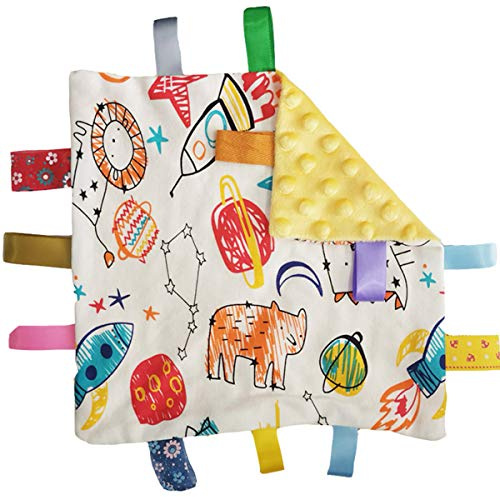 Baby Taggy Comforter Security Blanket with Colorful Tags, Infant Toddler Soft Plush Tag Blanket Comforter, Yellow