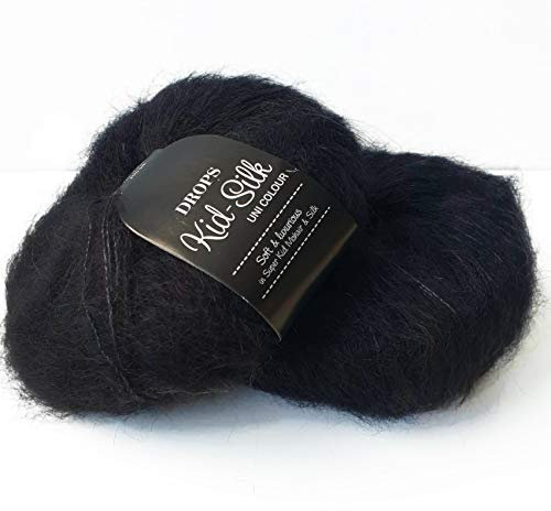 Mohair und Seide Garn Drops Kid-Seide, 0 oder Spitze, 2-lagig, 25,5 g 230 Meter pro Knäuel (02 Schwarz)