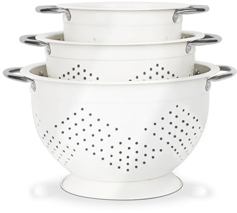 Hillbond Seiher Set mit 3, 1,5, 3, 5 QT Pulverbeschichtete Metallsiebe mit genieteten Edelstahlgriffen und stabilem Boden, Siebe und Siebe, Weiß