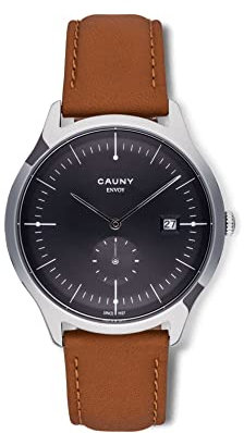 CAUNY - Uhr für Herren - Analoguhr - Envoy Circles Calendar Black - Quarzwerk - Lederarmband - 3-Stunden-Funktion mit Datumsanzeige - Wasserdicht bis zu 5 ATM - Hergestellt aus 316L Stahl
