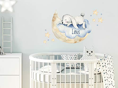 GRAZDesign Wandtattoo Babyzimmer Junge Mädchen, Hase auf Mond Namen, Kinderzimmerzimmer personalisiert, Entfernbare Wandsticker / 53x30cm