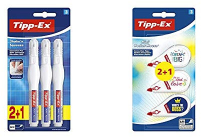 Tipp-Ex Shake'N'Squeeze Correttore A Penna Liquido 8 Ml, Pacco Da 2 1 & Bic Tipp-Ex Mini Pocket Mouse Decorated Correttore A Nastro Formato Pocket Con Decori Confezione 3