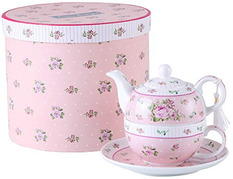 Vintage Rose Flower Victoria Flora Porcelain Tea for One Teapot and Cup suacer in Gift Box (Pink)