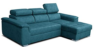 Robin Silver Ecksofa mit Schlaffunktion Bettkasten 3 Verstellbare Kopfstützen Sofa L-Form Schlafsofa Freistehende Eckcouch Schlafcouch Wohnzimmermöbel Wohnlandschaft Rechts Blau