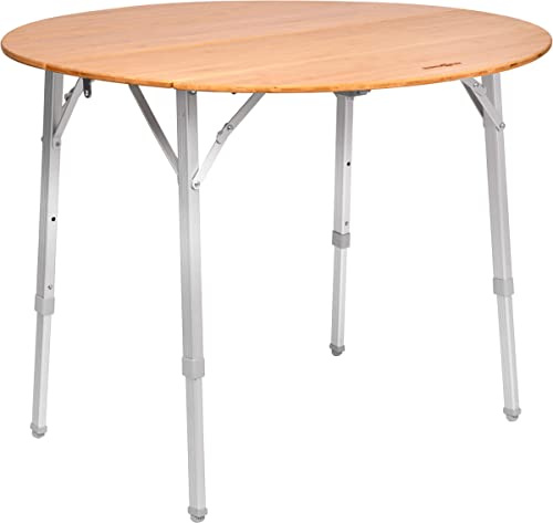 BRUNNER Klapptisch für den Außenbereich, für Picknick, Camping, Garten, Terrasse - aus Aluminium, mit eleganter Ablage aus Bambus - CAMPERKING R - rund, robust mit Belastbarkeit bis zu 30 kg