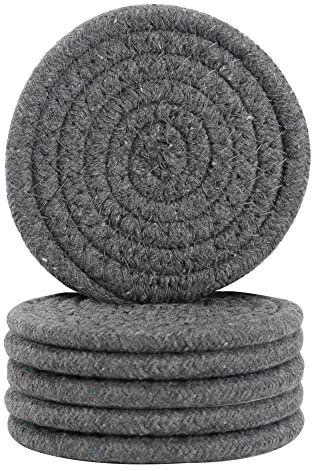 Lot de 6 dessous de verre tissés vintage pour la protection de la table, absorbant l'eau, dessous de verre en tissu tressé fait à la main résistant à la chaleur (gris foncé, 6)