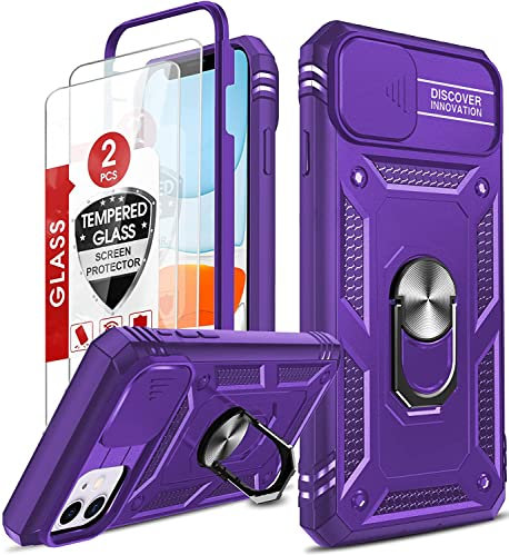 LeYi for iPhone 11 Cases and 2 Tempered Glass Screen Protector with Slide Camera Cover, Ring Holder Stand Full Body Protective Heavy Duty Bumper Shockproof Tough Women Girl Hard Phone Cover, Purple