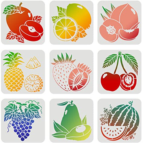 FINGERINSPIRE 9 STK Obst-Schablonen 20x20cm Kunststoff Ananas Zitrone Apfel Wassermelone Pfirsich Birne Kirsche Erdbeere Traube Wiederverwendbare Schablonen zum Malen auf Holz Boden Wand und Fliesen
