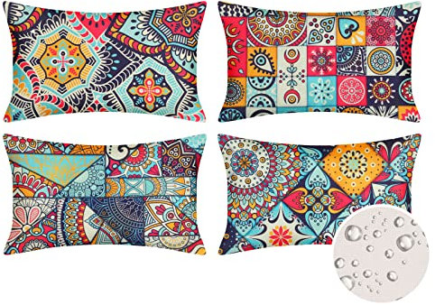 Velvhom Kissenbezüge Wasserdicht Outdoor Dekorative Kissenbezug Sofakissen Bohemian Mandala Geometrisch Baumwolle Leinen Längliche Kissenbezüge für Garten, Terrasse, Bank, Wohnzimmer, Sofa 30 x 50 cm