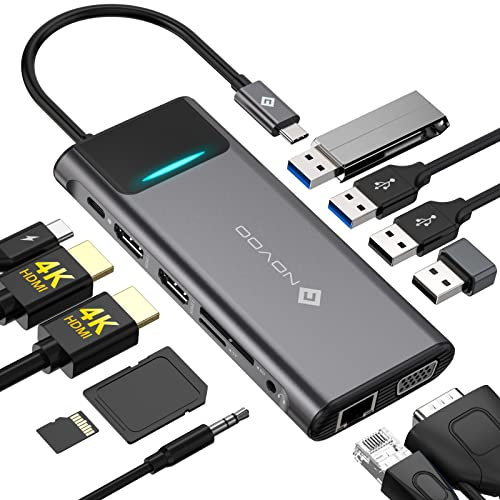 Docking Station, NOVOO 12 en 1 USB C Hub Triple écran, Hub USB C Adaptateur multiport Moniteur Dual 2 HDMI VGA Ethernet USB C à 4 Ports USB, 100W PD, pour MacBook/Dell/Surface/HP