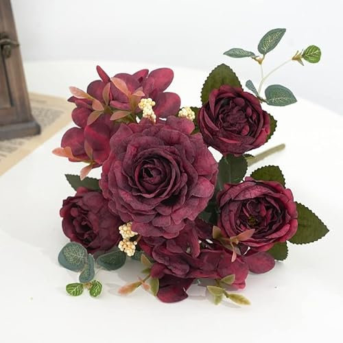 HXSCOO Hot 1pcs gemischte Blumen schöne Pfingstrose künstliche Blumen Hortensien Seide gefälschte Blumenstrauß for Zuhause Hochzeitsdekoration Löwenzahnschaum (Color : Dark red)