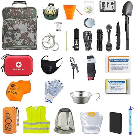 ISOP Notfall-Überlebenskit | Notfall-Überlebensrucksack und Erste-Hilfe-Ausrüstung für Camping, Wandern, Outdoor | Survival-Notfall-Tools für jeden Anlass | Überlebensrucksack voller Ausrüstung