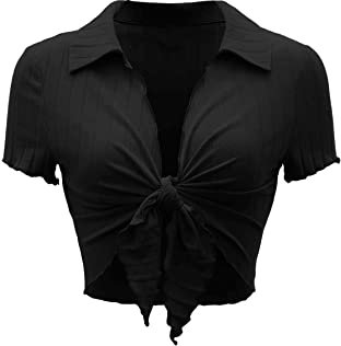 GORGLITTER Sexy Crop Top Damen Party Oberteil Mit Wellensaum Rippenstrick Crop Top Bauchfreies Oberteil Mit Knoten Vorne Schwarz L