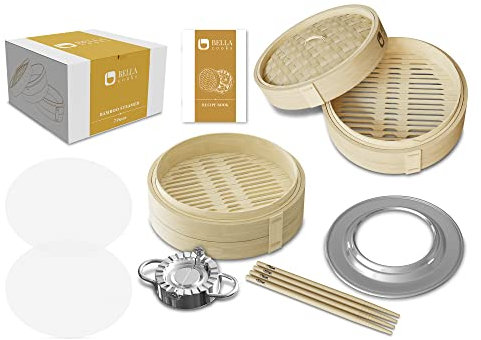 BELLA COOKS Bambus Dampfgarer zum Kochen - Dampfgarer mit Ring - passt in jede Pfanne & Topf - Dumpling Dampfgarer - inkl. extra Essstäbchen & Silikoneinlagen