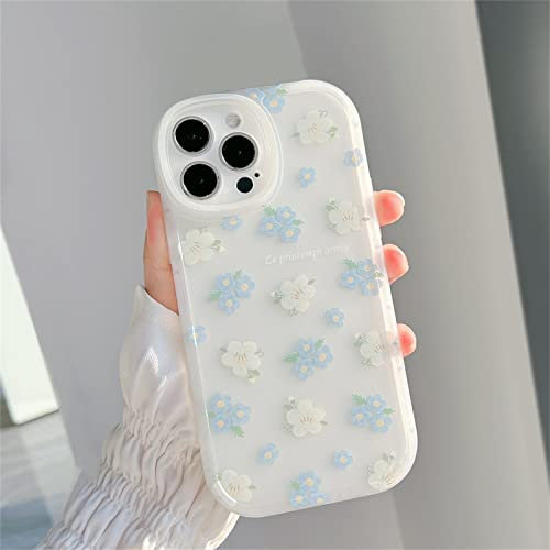 Tybiky Compatible with iPhone 14 Hülle,Weiche stoßfeste Nette Florale Schutzhülle für Frauen, Garten Blume Muster Design Anti-Kratzer Handyhülle für Mädchen, Blau Weiß