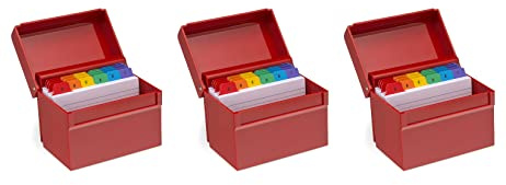 Osco Small Red Hi-Gloss Plastic Index Box, 3 Pack, A to Z Divider Tabs, 100 Lined Notecards, Ruled Revision Flash, Recipe Notes, Contacts Filing, Desktop Organiser, Holds 5 × 3 Cards (127 × 76 mm)