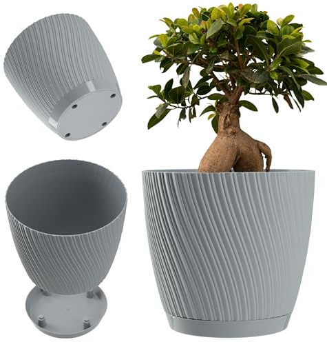 KADAX Pot de fleurs avec soucoupe, pot de plante en forme d'onde tridimensionnelle, bac à plantes en plastique, pot décoratif pour fleurs, cactus et herbes (19 cm, Gris)