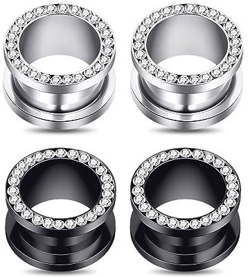 Longbeauty 4 Stk Ohrtunnel Plugs Expander Gauges Stretcher Schwarz Silber Ohrringe Zirkonia Schraube Edelstahl Piercing Körperschmuck, 8MM