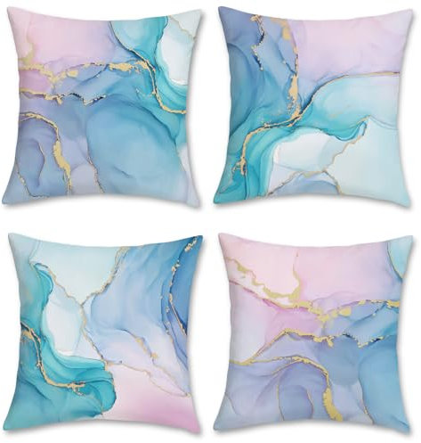 Bonhause 4er Set Kissenbezüge Marmor Bunt 45 x 45 cm Rosa Lila Blau Türkis Aquarell Abstrakt Modern Dekorative Kissenhülle Zierkissenbezüge für Sofa Schlafzimmer Zuhause Dekoration